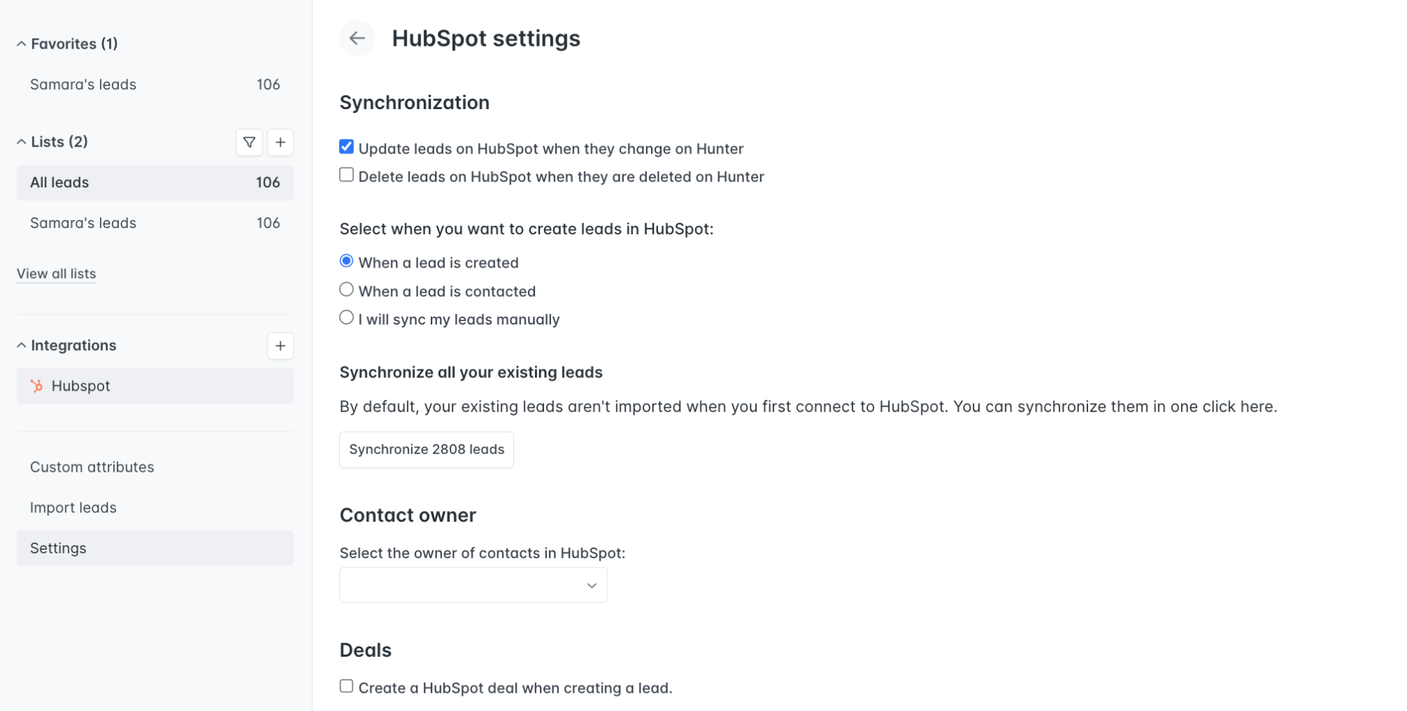 Settings for the HubSpot integration with Hunter