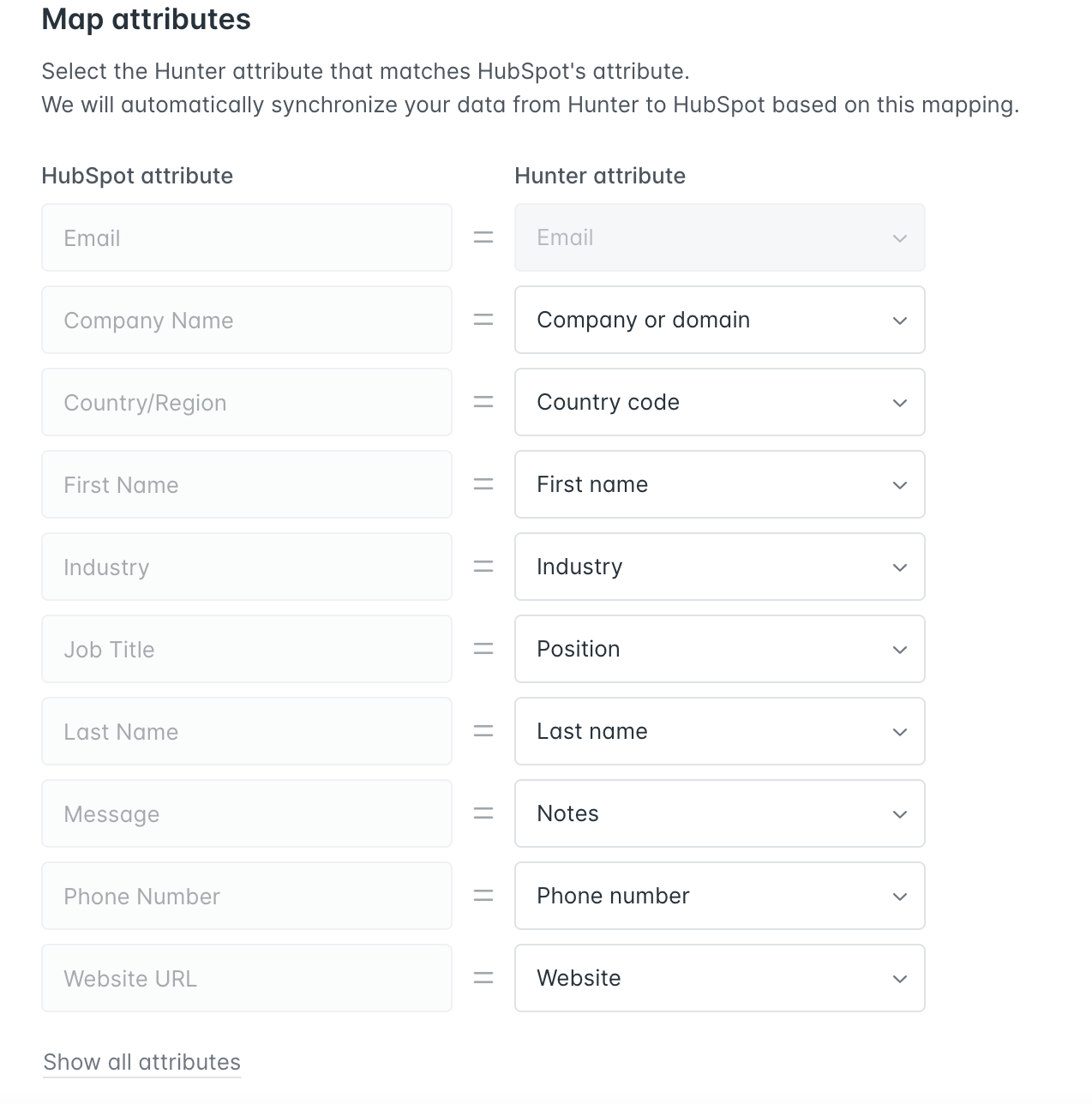 Mapping Hunter attributes to HubSpot attributes