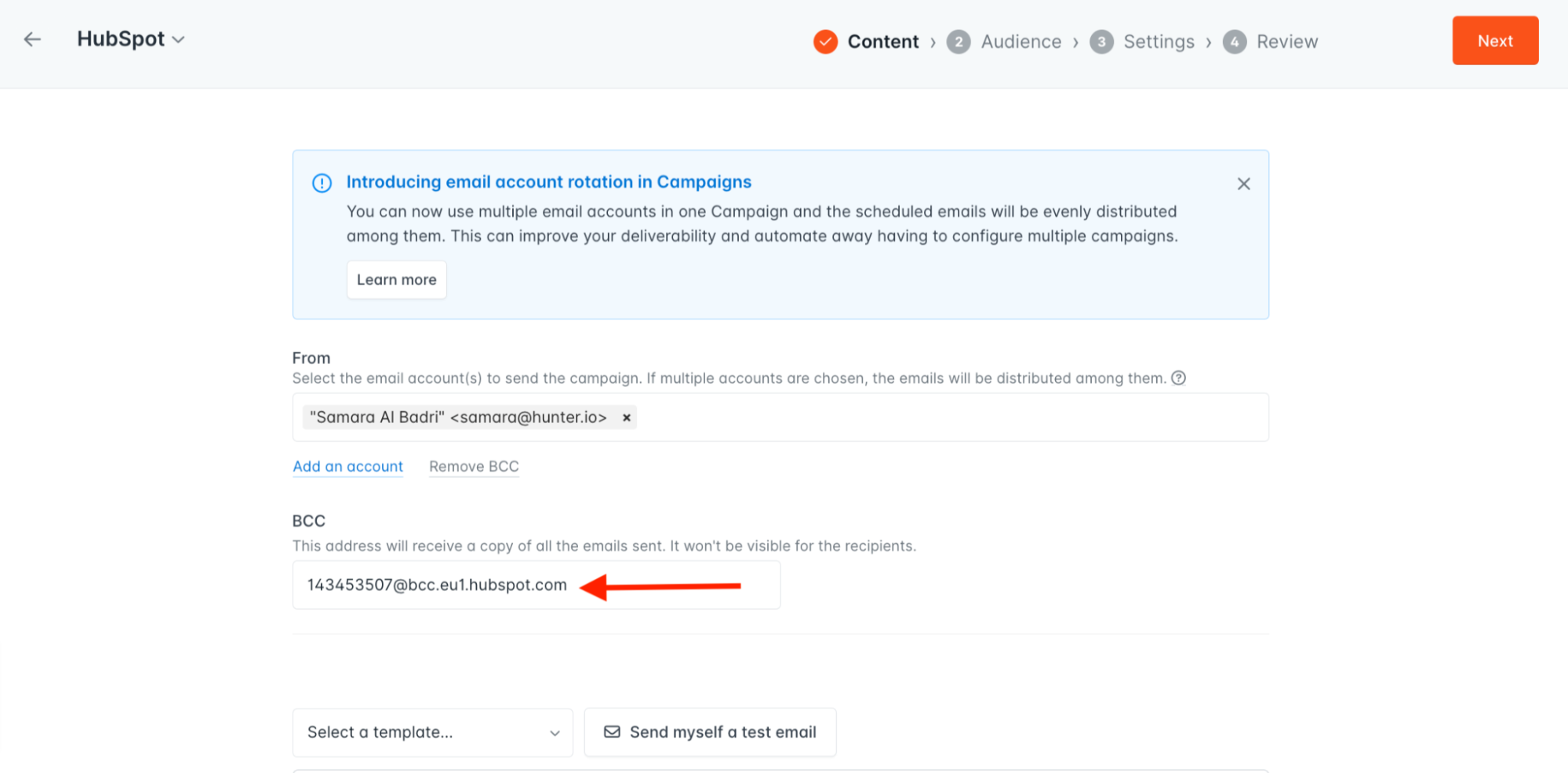 Adding the forwarding address in Hunter to send messages from Hunter to HubSpot