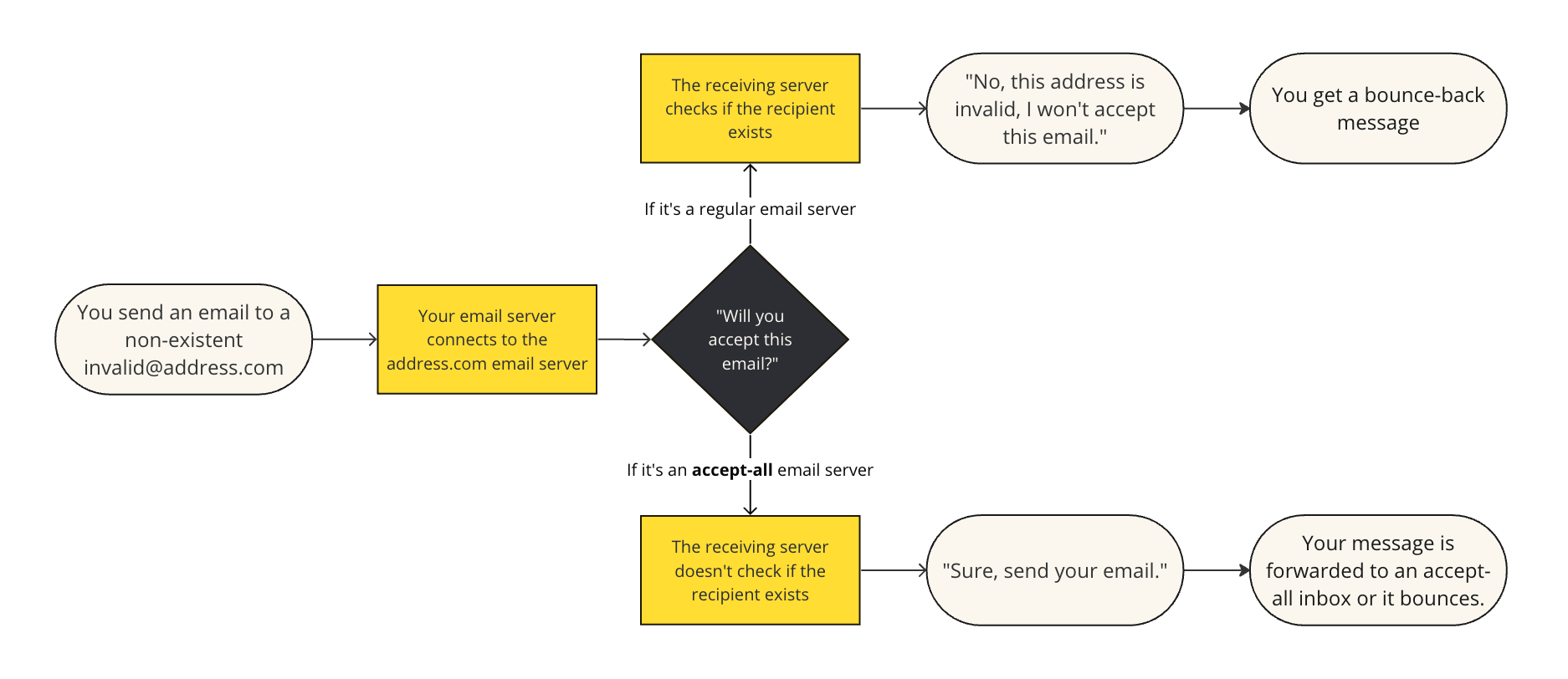 a diagram explaining how an accept-all domain behaves differently from a regularly configured email domain