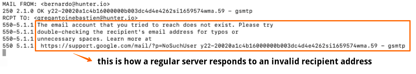 a server response rejecting an email sent to a non-existent address