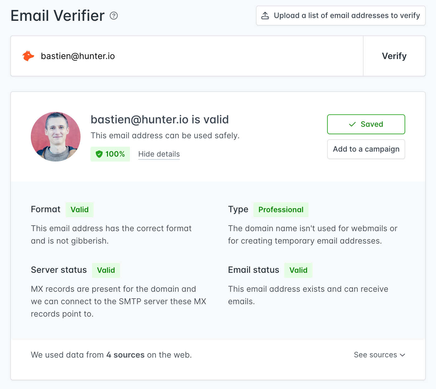 user interface of Hunter's Email Verifier