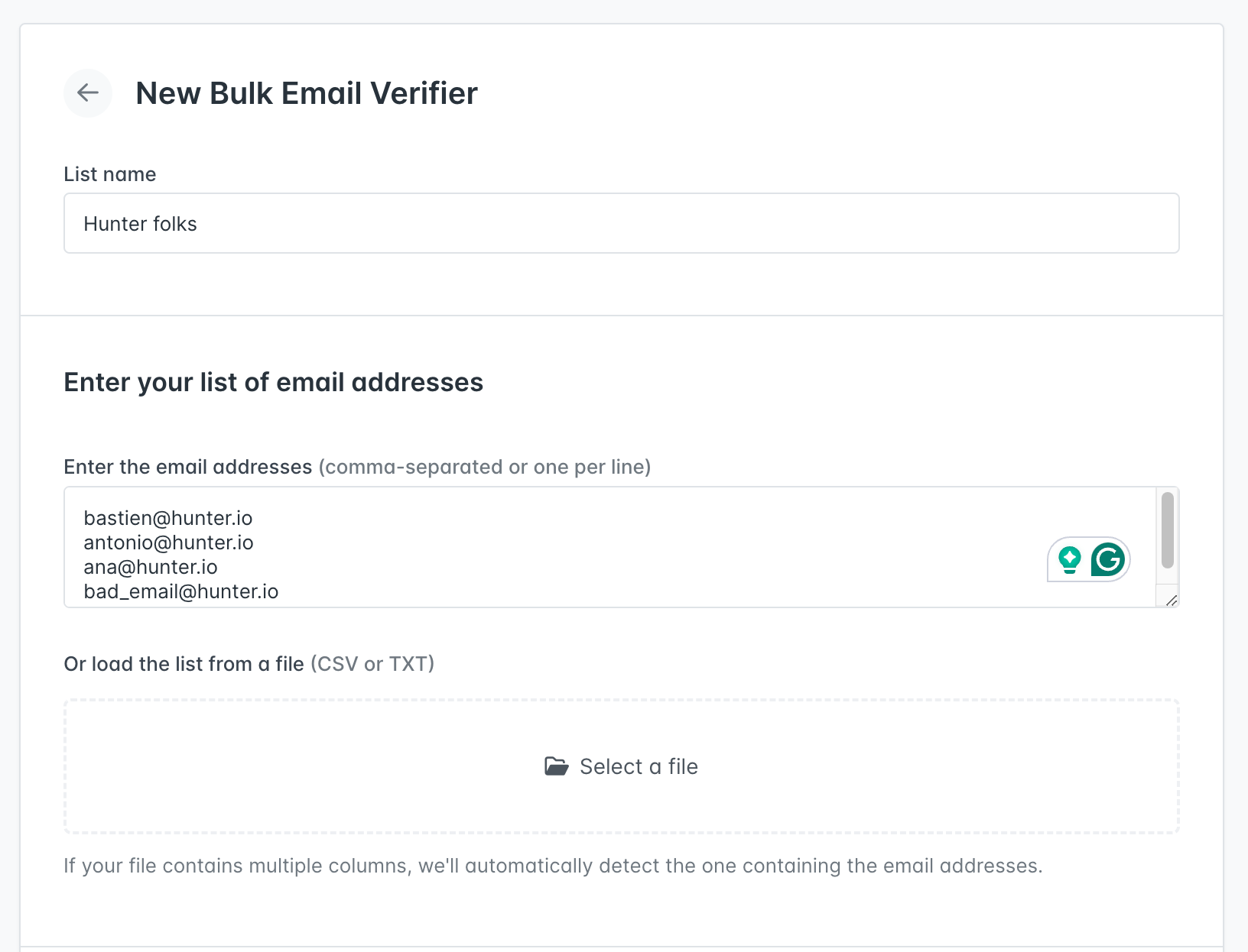 user interface of Hunter's Email Verifier
