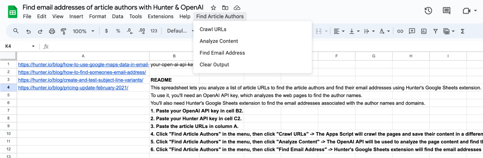 The Google Sheets file that's configured to help you find email addresses of article authors