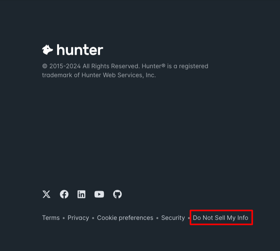 The Do Not Sell My Info label in Hunter.io's footer
