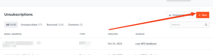 The New button in the Unsubscriptions tab in Hunter Campaigns, which helps you add new unsubscribed recipients or companies