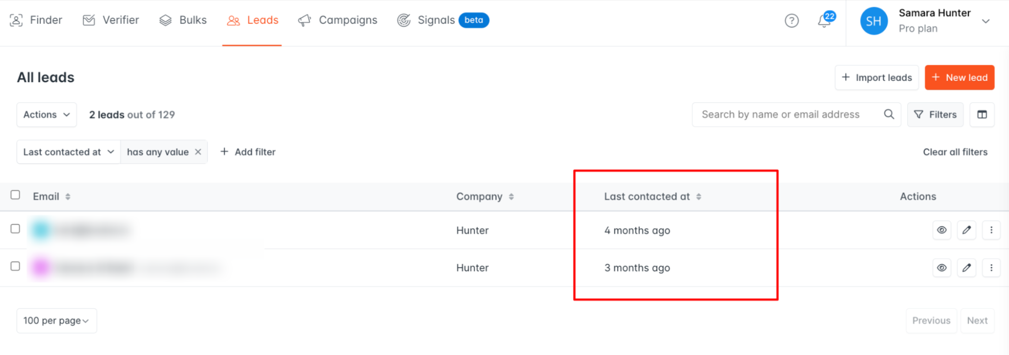 Hunter Leads list showing the "last contacted at" date