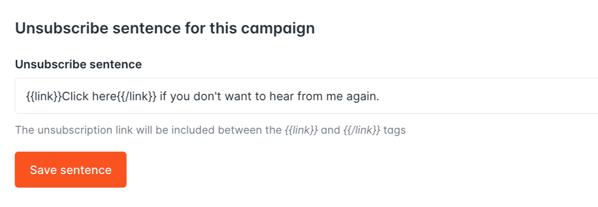 Hunter Campaigns UI controlling the content of an unsubscribe sentence added to all emails
