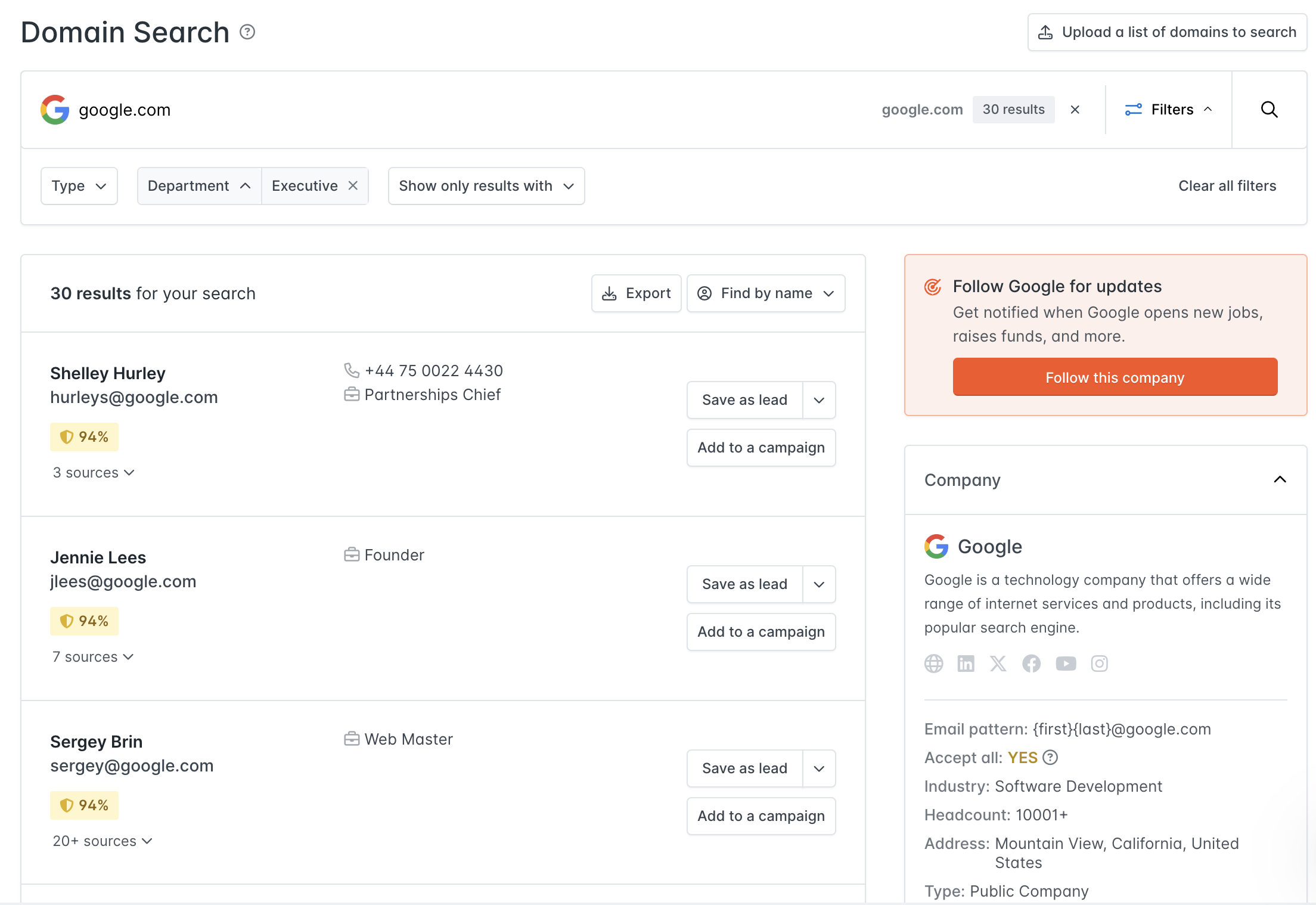 Using department filters in Domain Search