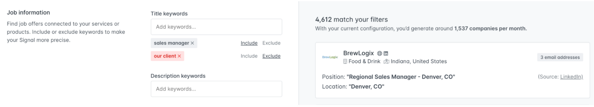 Hunter Signals interface with filters that look for sales managers