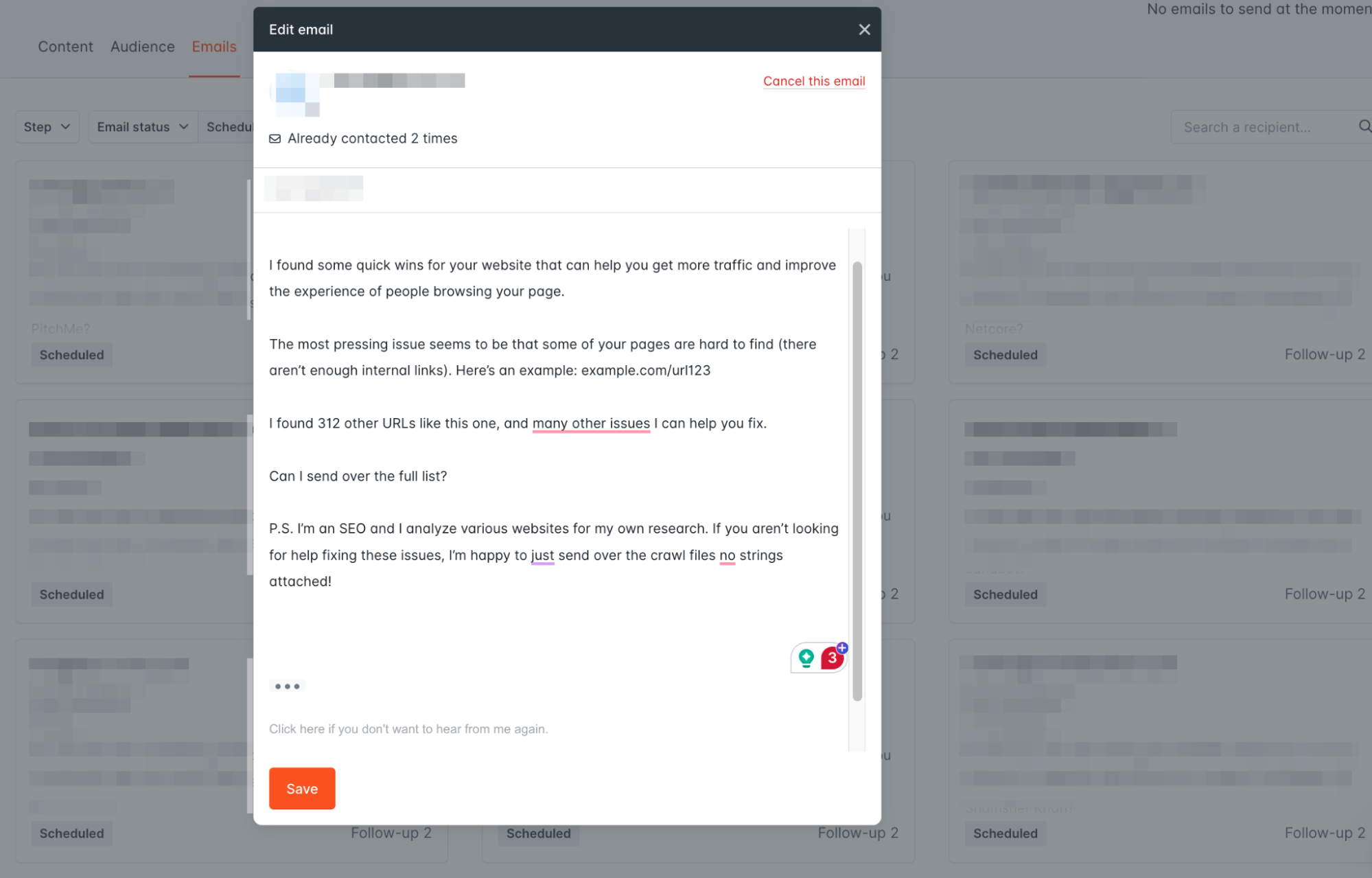 Content editor in Hunter Campaigns, letting you personalize an email