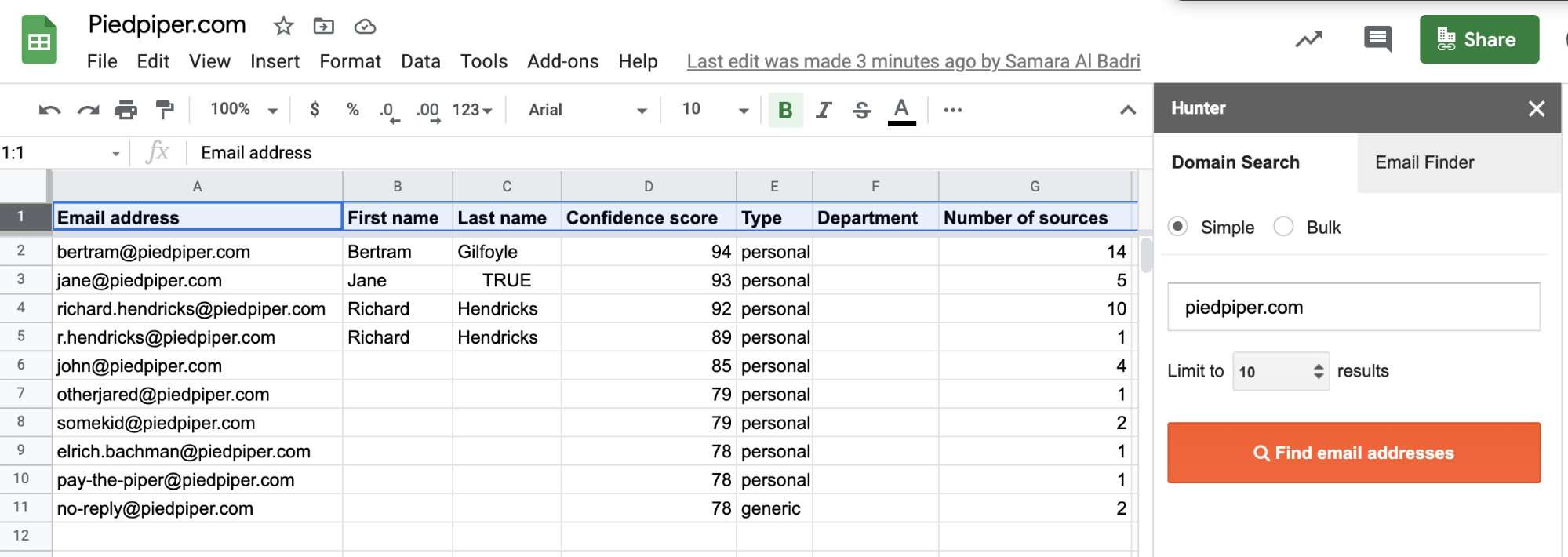 Hunter Google Sheets Add-on