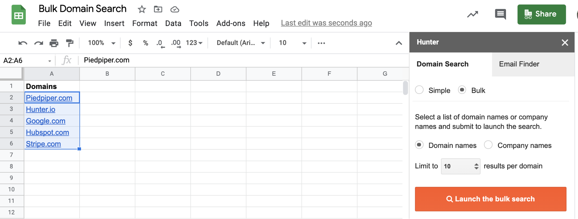 Google sheets add-on Hunter