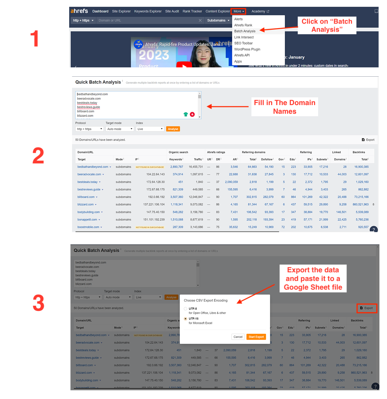 Screenshot of Ahrefs and the filters I use to export the right data for my campaign