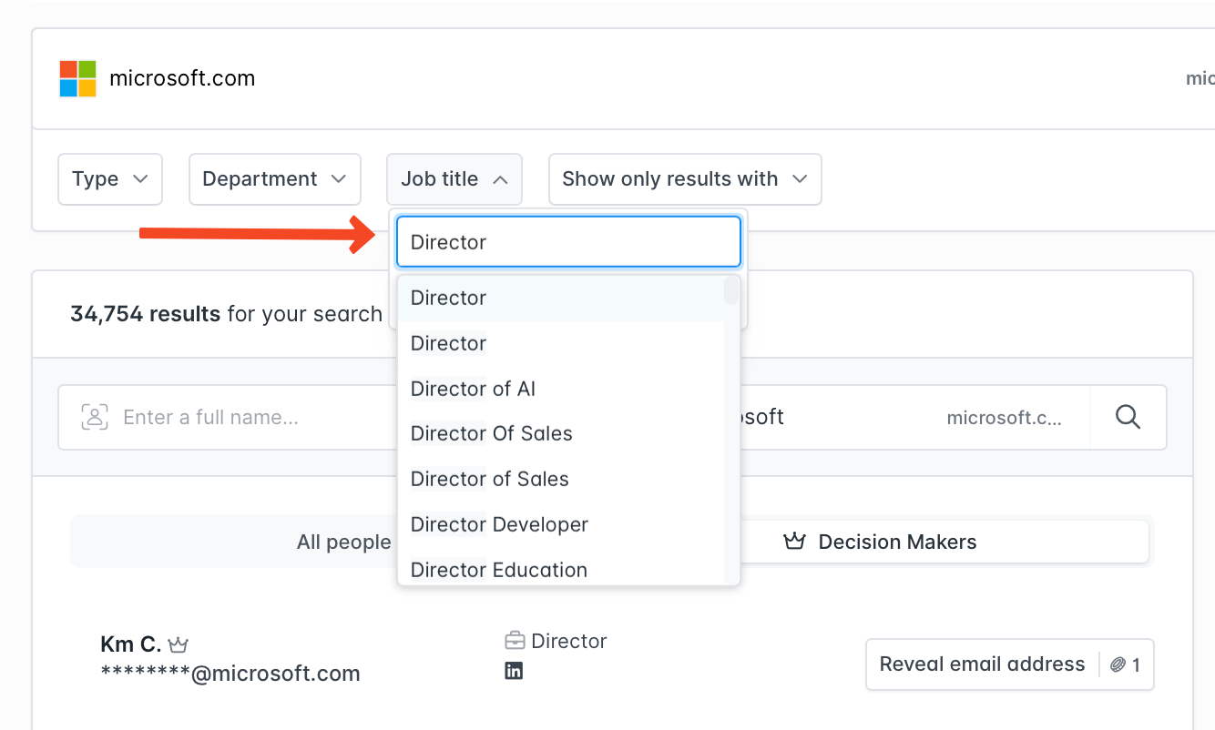 Job title filter in Hunter Domain Search