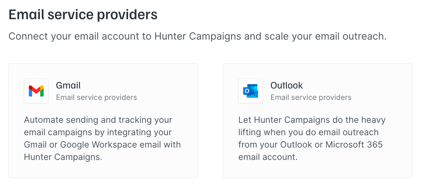 A list of email service providers that Hunter Campaigns natively integrates with, including Gmail and Outlook
