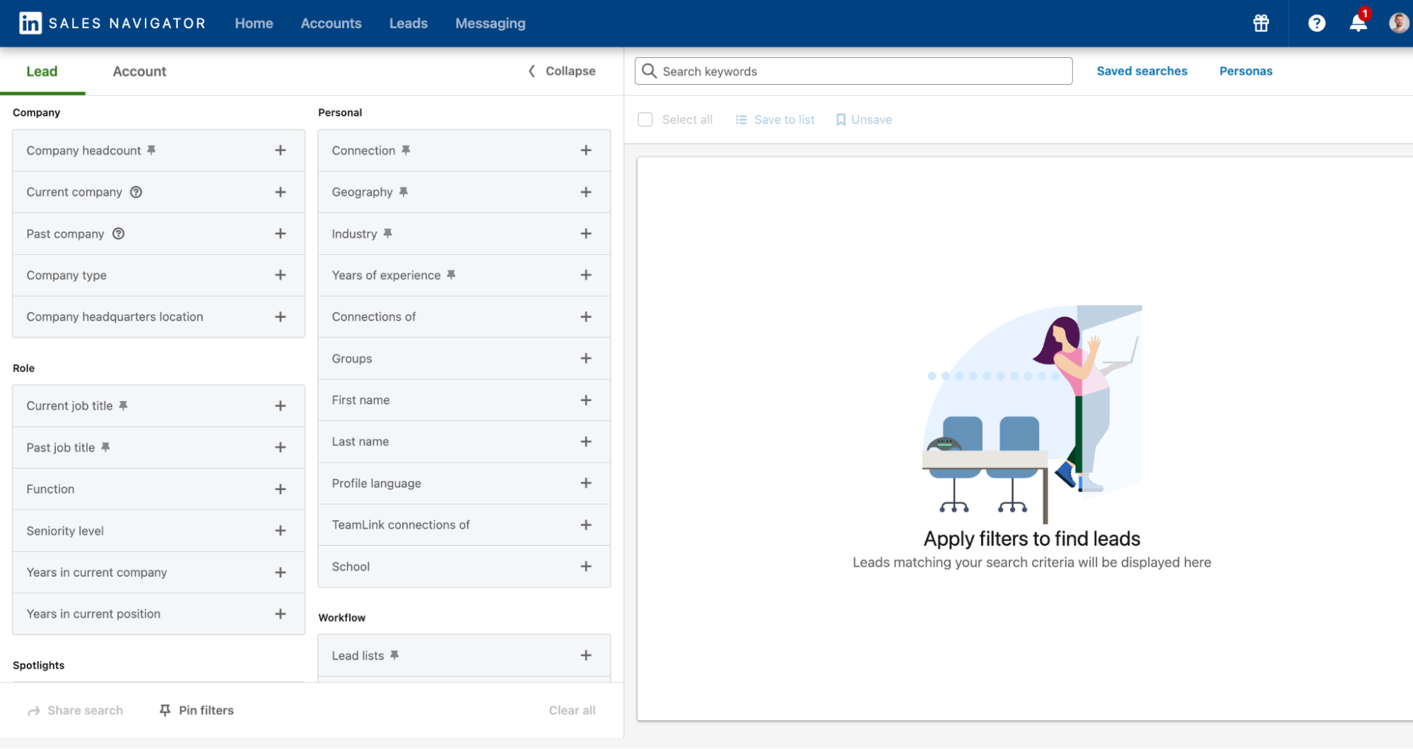 LinkedIn Sales Navigator user interface allowing demographic B2B segmentation