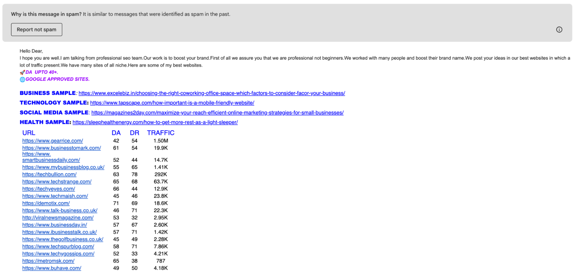 An example of a cold email which landed in spam because it's structured like spam, containing a large number of links