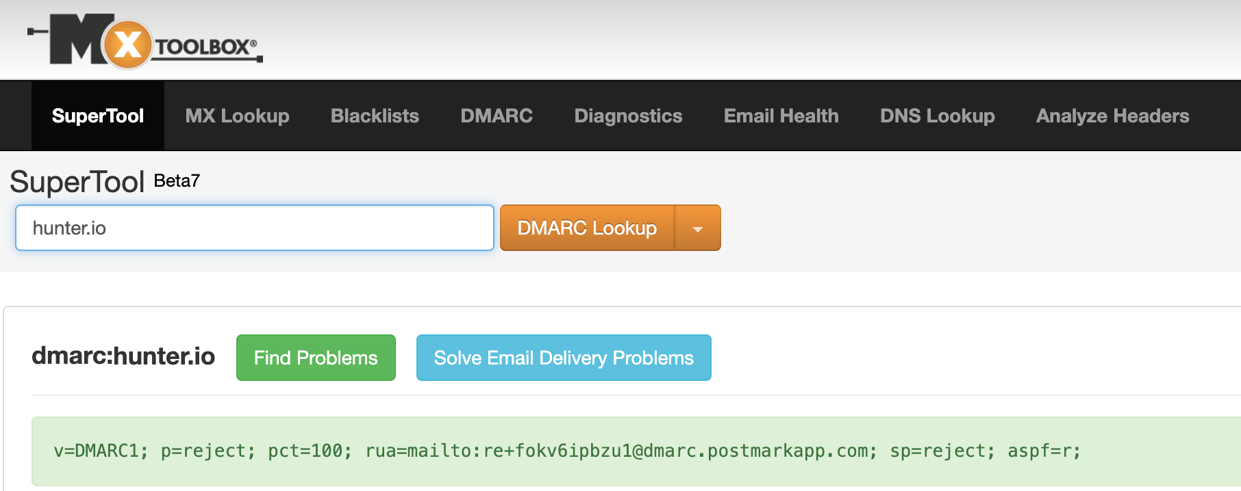 MXtoolbox report for a DMARC record of hunter.io