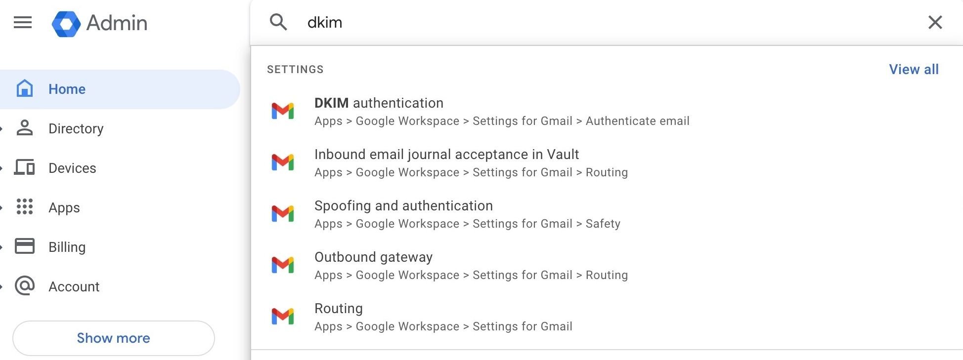Google Workspace user interface with settings for DKIM authentication