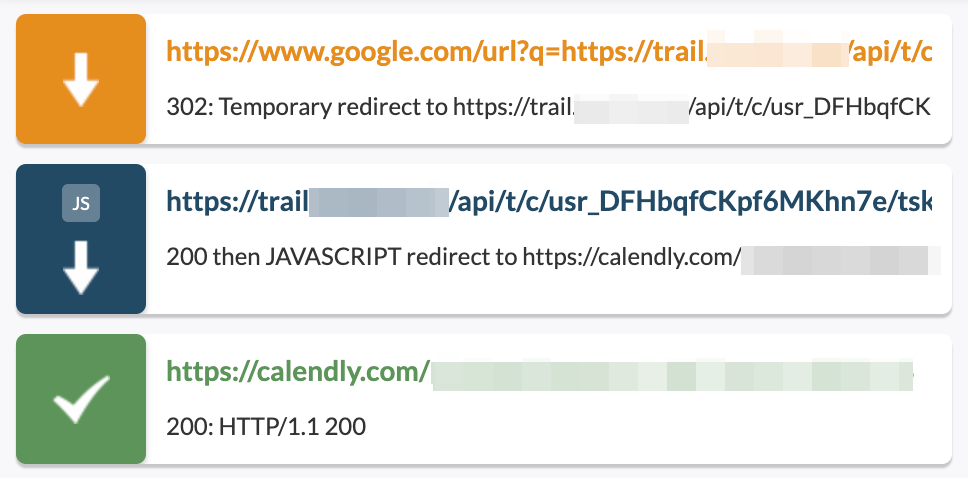 A redirect trace report showing a redirect used to track link clicks for cold emails