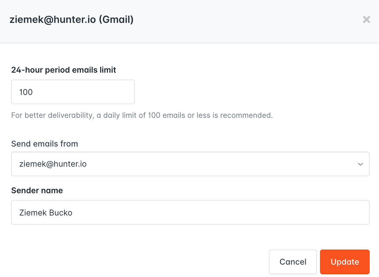 Hunter Campaigns interface allowing the user to configure a daily sending volume for a connected email account