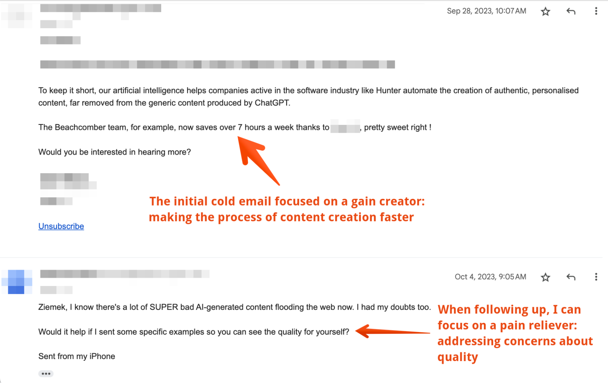 An example of a cold email follow-up that uses a contrasting value point