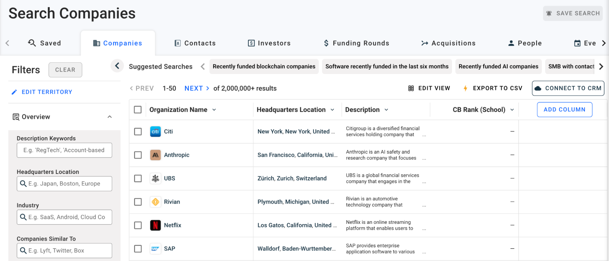 Crunchbase user interface showing various methods of finding companies based on firmographic segmentation