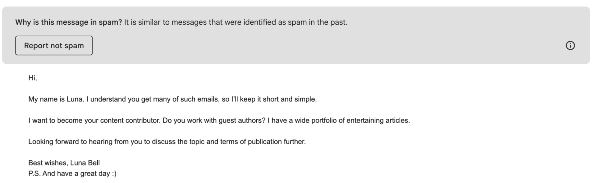 An example of a cold email that landed in spam because it looks like unwanted bulk email