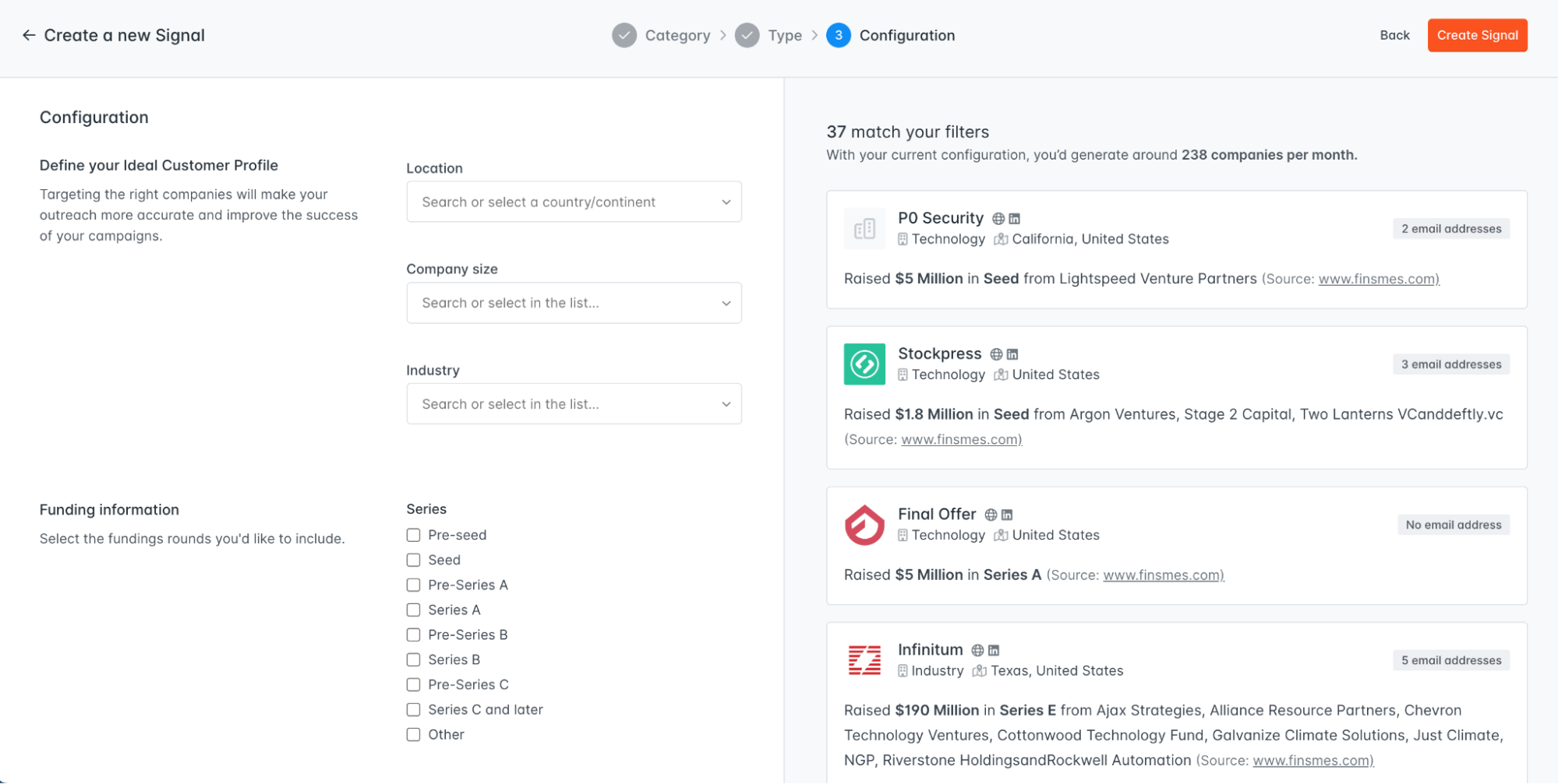 Hunter Signals user interface to set up signals which find companies based on funding information