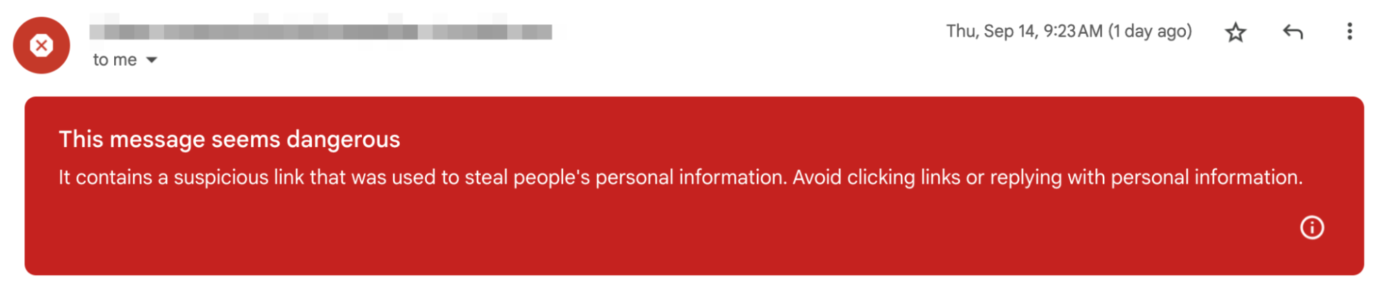 Gmail's banner notifying the user that a given email landed in the spam folder because it contains a suspicious link
