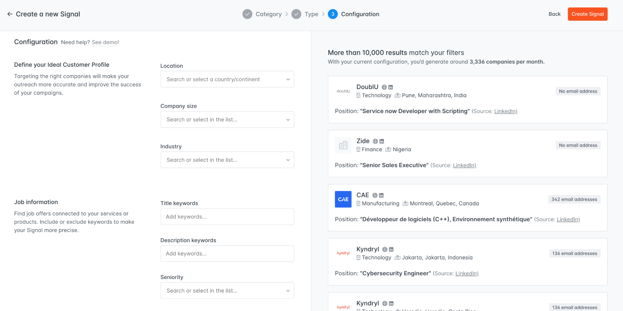 Hunter Signals user interface to configure a signal that can find companies based on their job offers