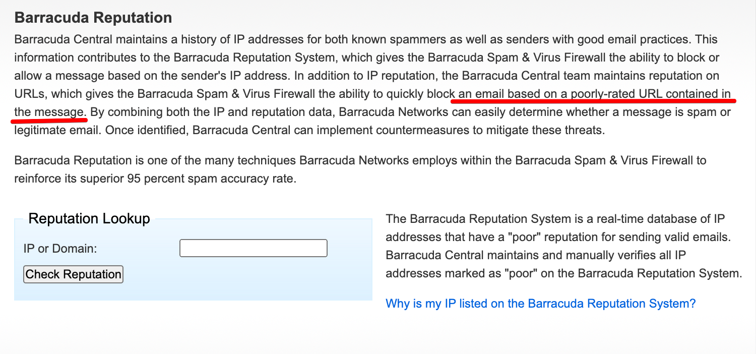 Documentation of Barracuda, a known blocklist, which says that an email may be blocked based on a poorly-rated URL contained in the message