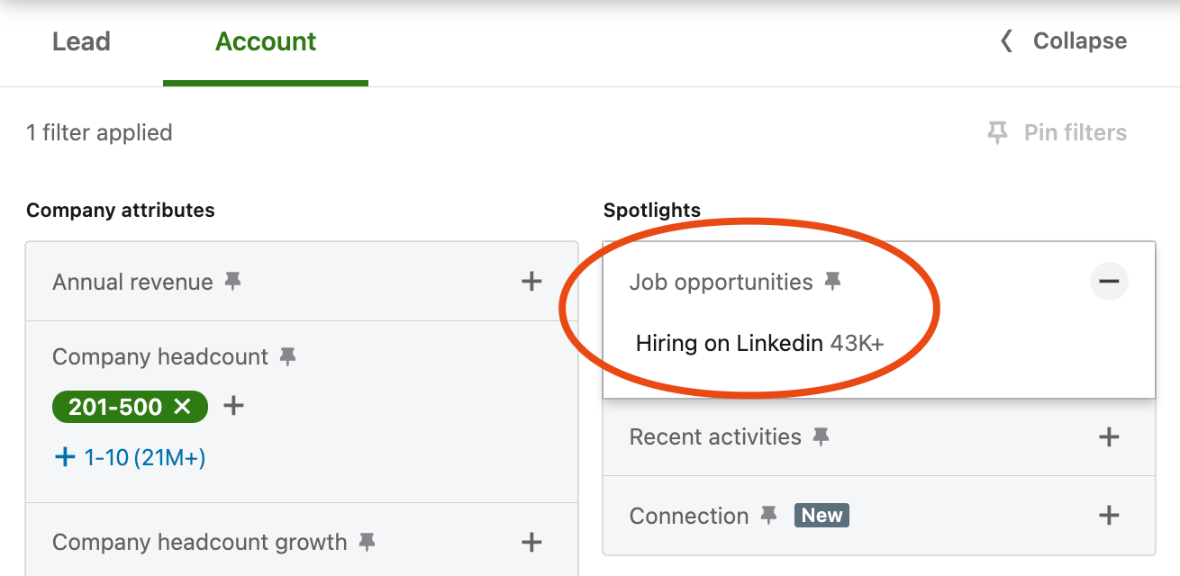 LinkedIn Sales Navigator user interface allowing filtering companies that have published job offers on LinkedIn