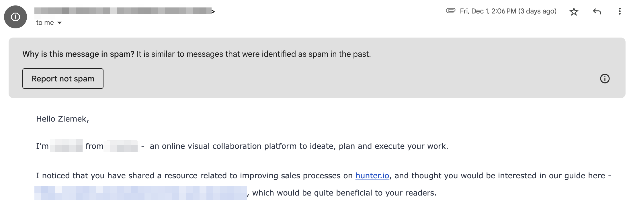 An example of an email that landed in spam, which impacted its open rate