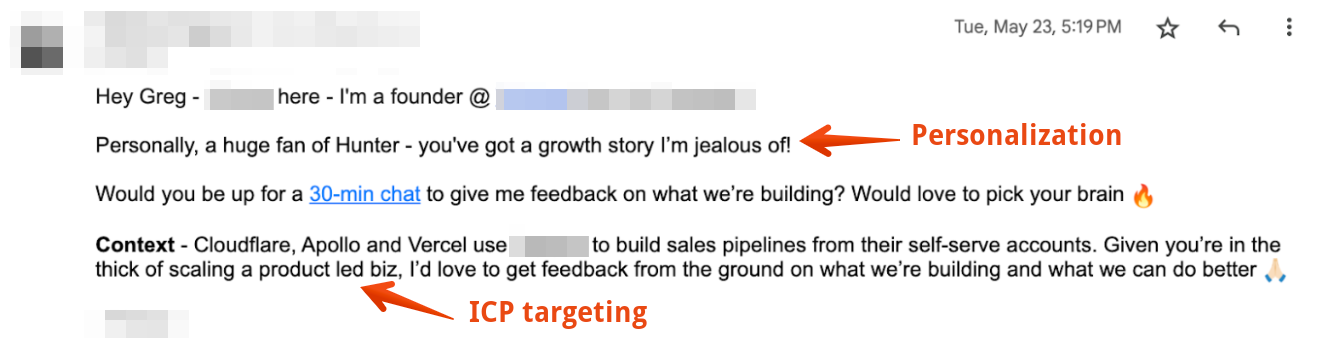 An example of a cold email that leverages both personalization and its ICP targeting in the email copy