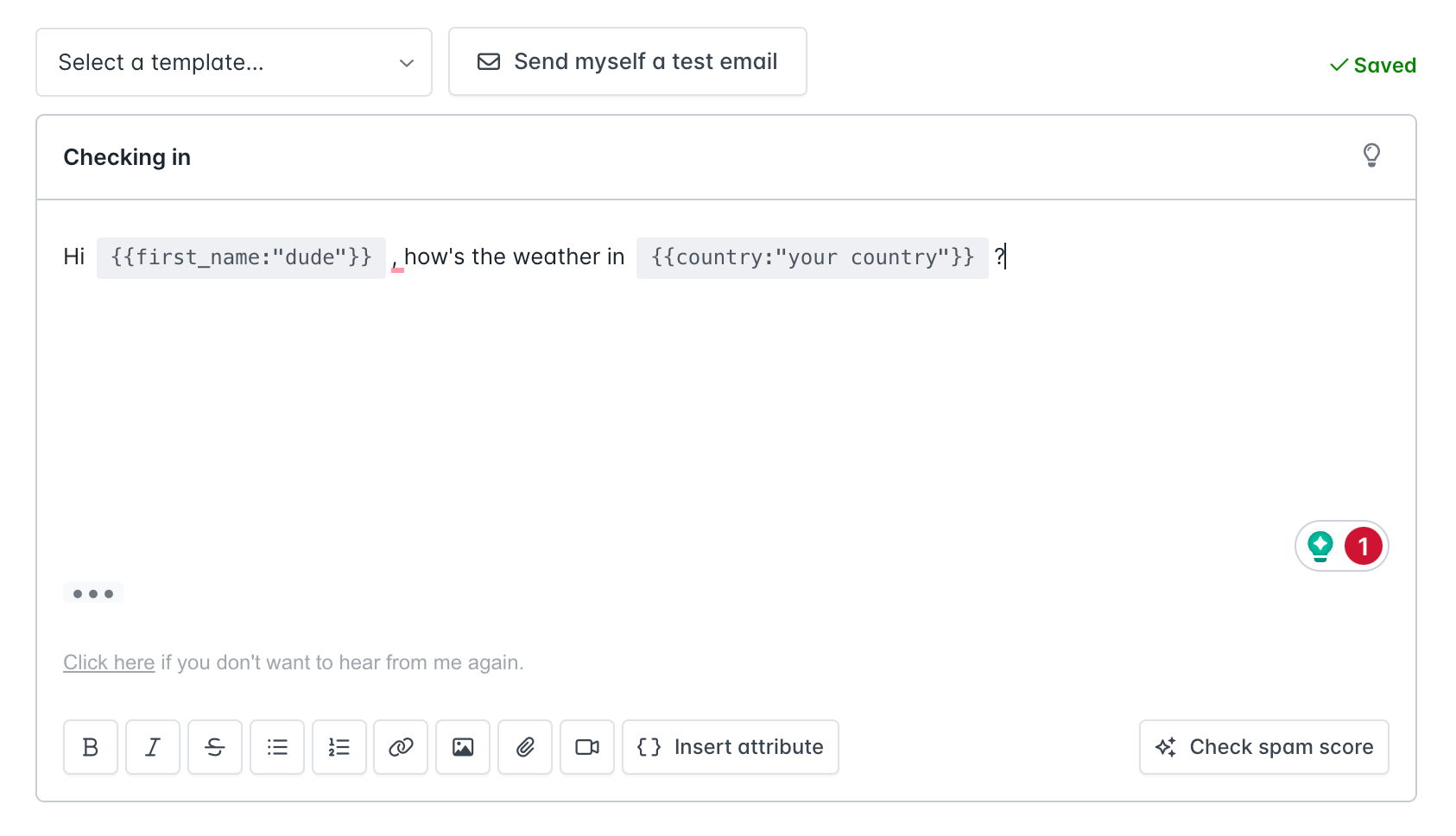 Hunter Campaigns UI for inserting a custom attribute into email copy