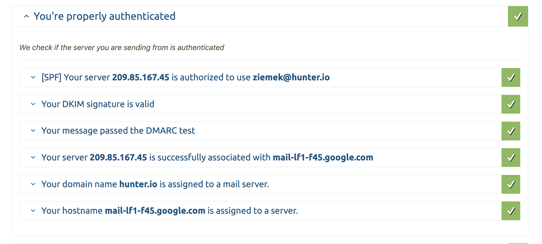 the results of a mail-tester.com authentication analysis