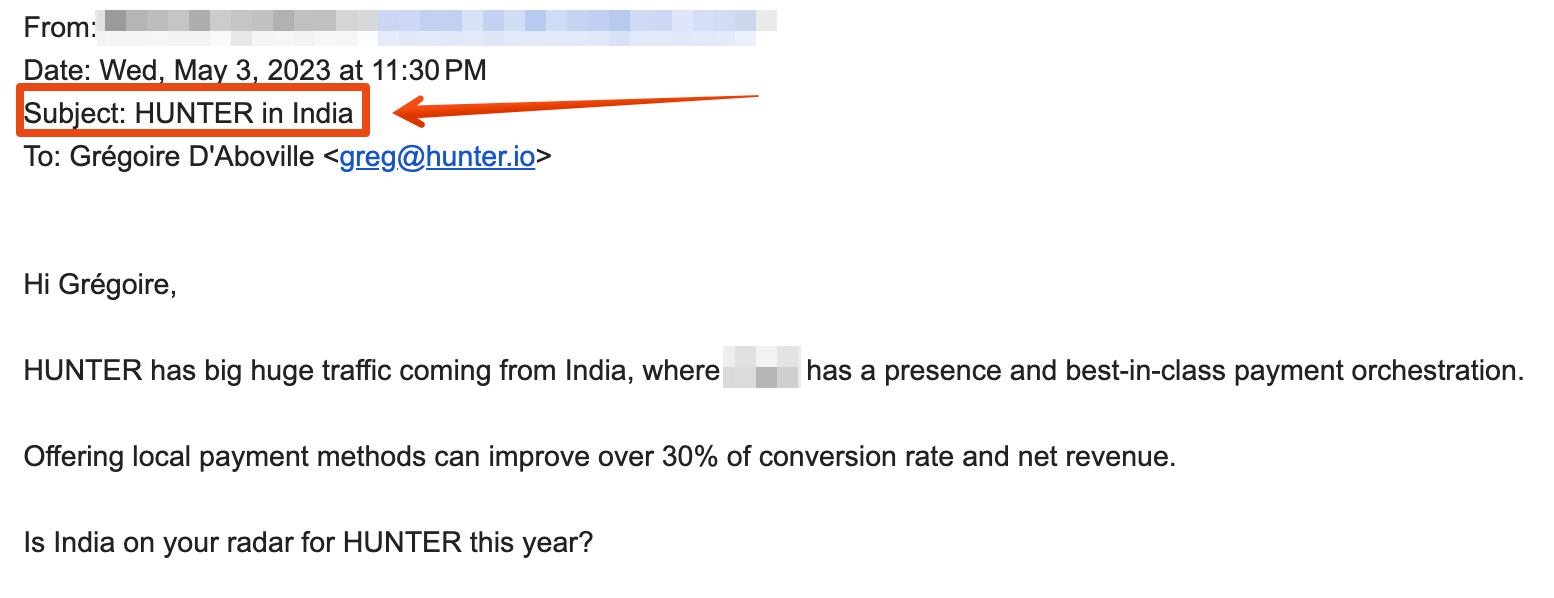 An example of a cold email that leverages personalization in the subject line