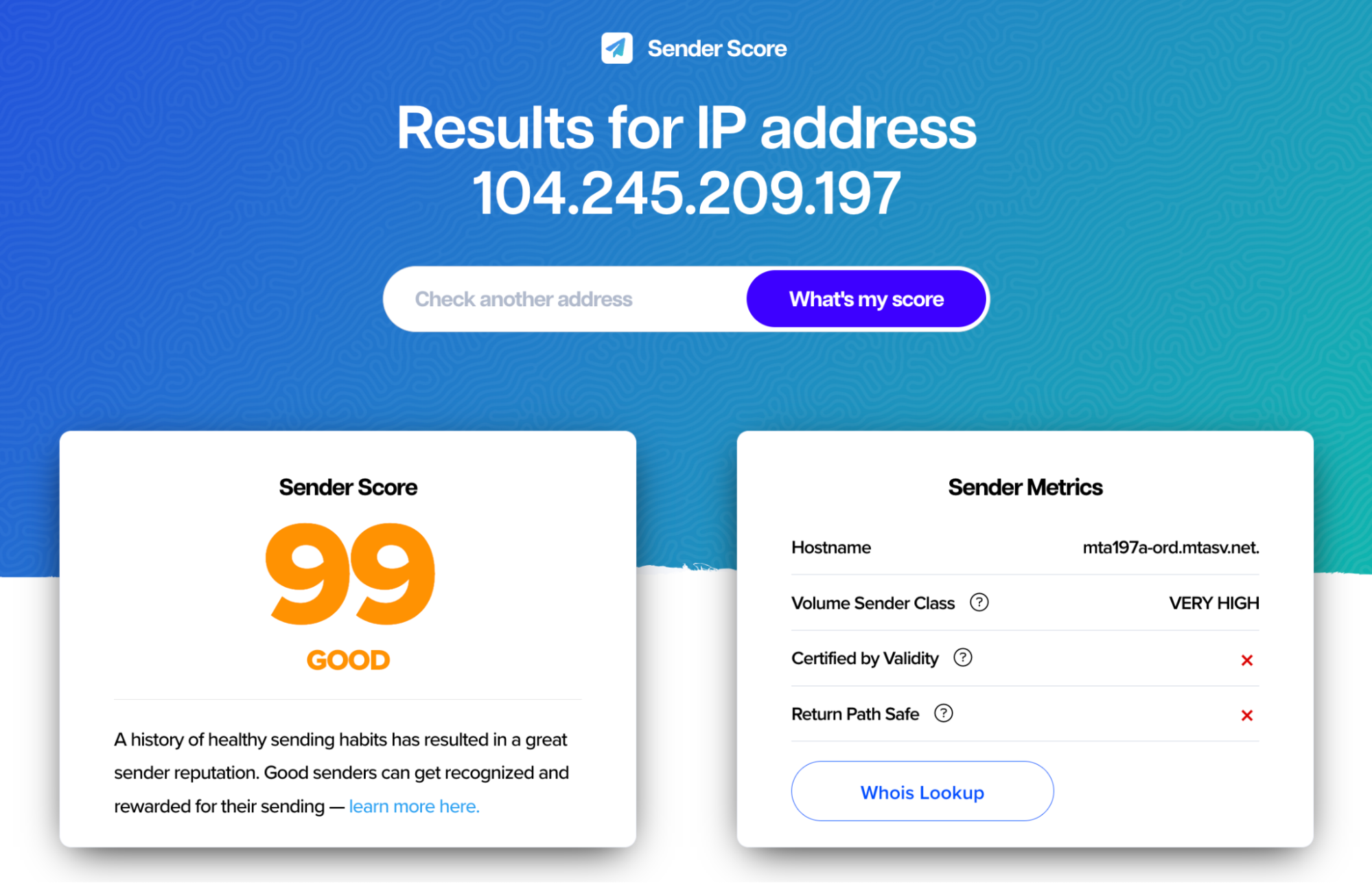 SenderScore results of an IP reputation check