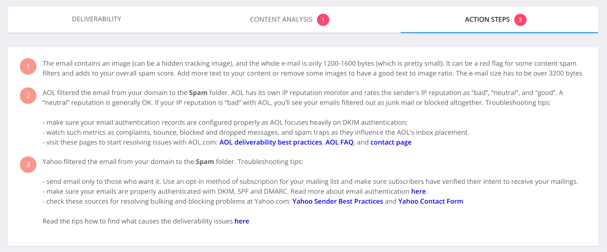 GlockApps Action Steps section providing specific guidance on improving your deliverability