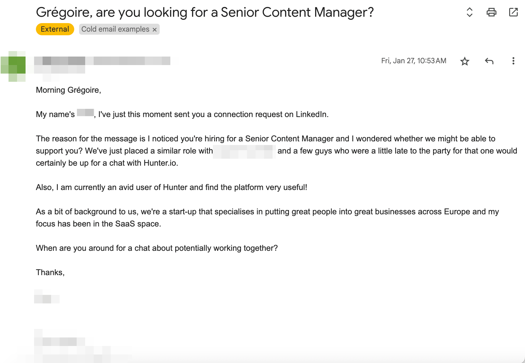 An example of a cold email that demonstrates relevance by employing deep personalization based on the job offers posted by the recipient's company